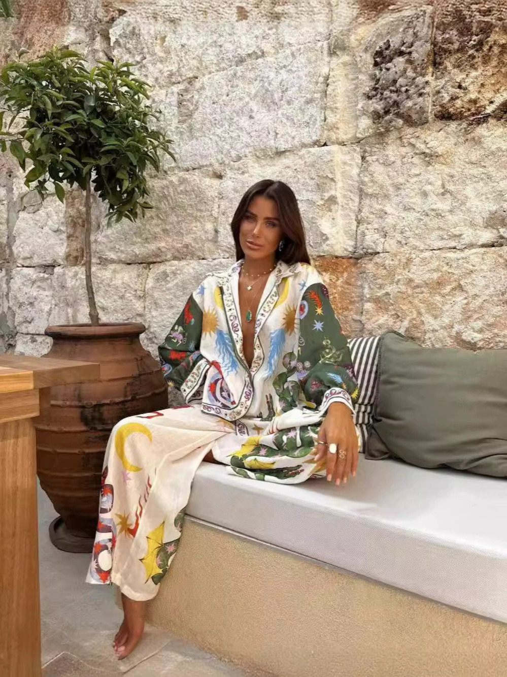H&M New Stylish Printed Macaron Linen Long Sleeve Shirt Set